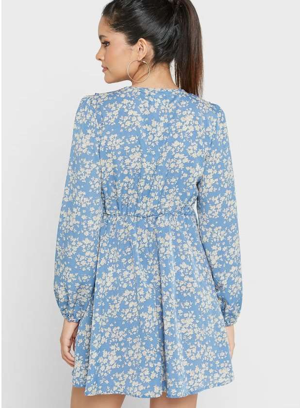BLUE FLORAL RUFFLE SMOCK DRESS SIZE UK 8 - NOTHING TO WEAR | NEW & PRE-LOVED FASHION | UAE