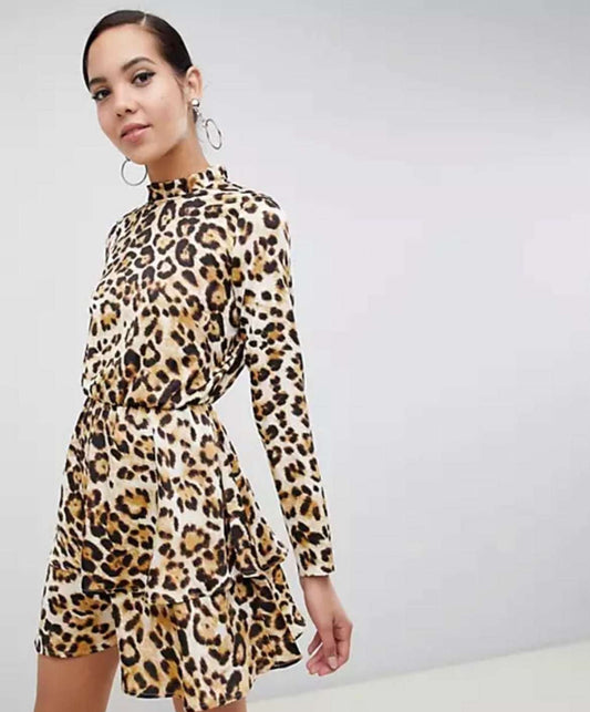 LEOPARD PRINT HIGH NECK DRESS SIZE UK 12 - NOTHING TO WEAR | NEW & PRE-LOVED FASHION | UAE