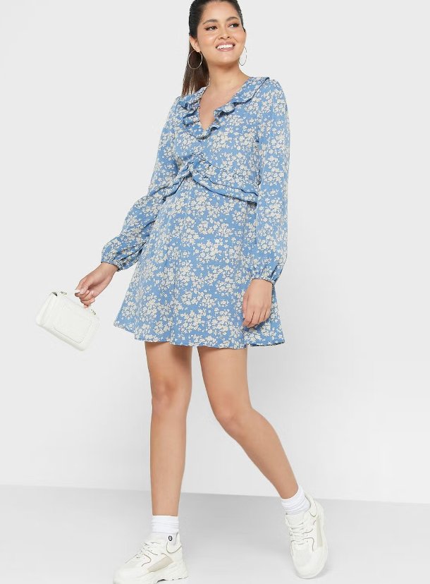 BLUE FLORAL RUFFLE SMOCK DRESS SIZE UK 8 - NOTHING TO WEAR | NEW & PRE-LOVED FASHION | UAE