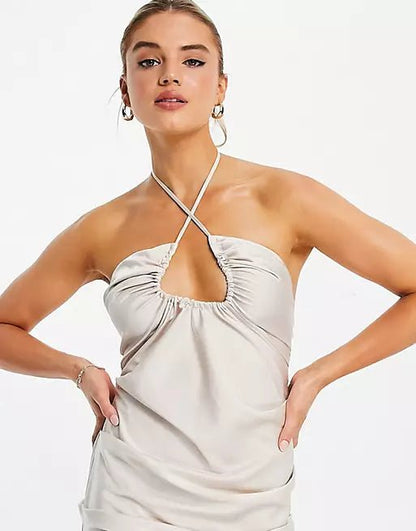 CHAMPAGNE GREY SATIN RUCHED BODYCON DRESS SIZE UK 10 - NOTHING TO WEAR | NEW & PRE-LOVED FASHION | UAE
