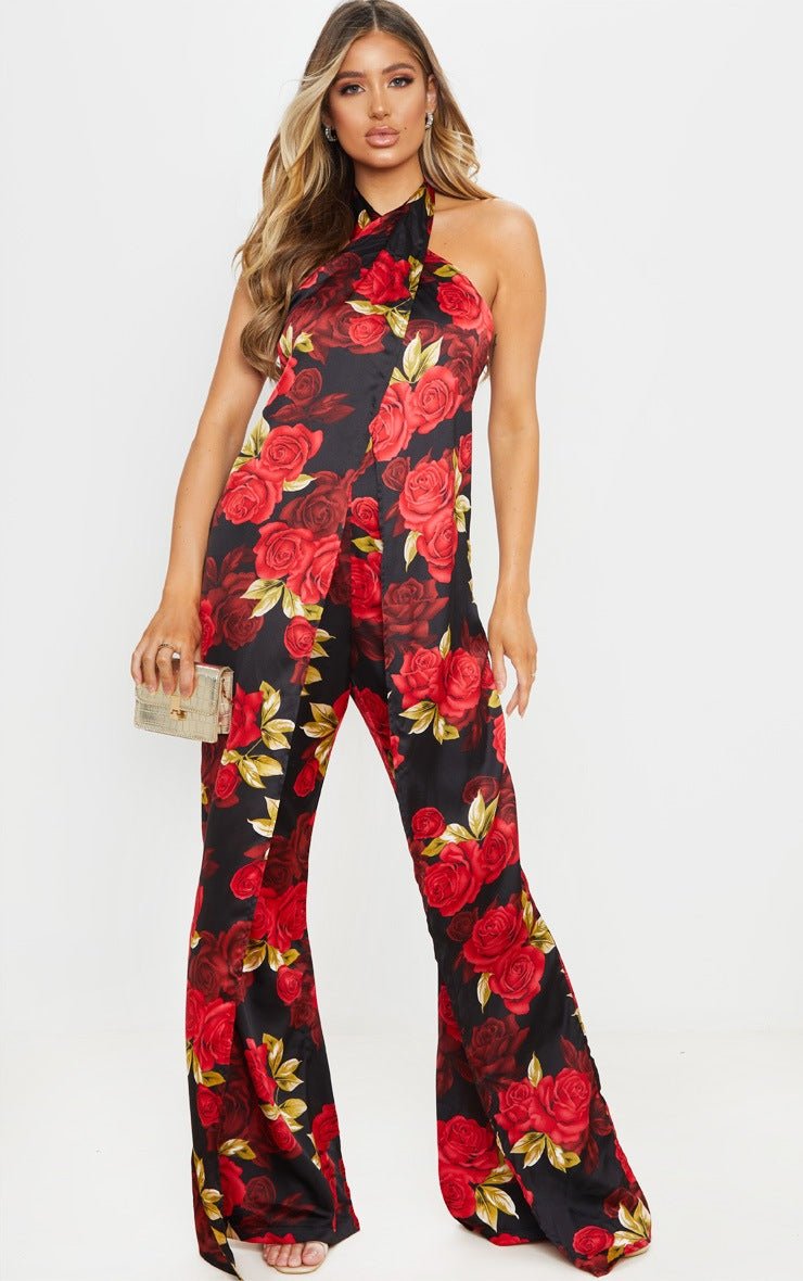PLT BLACK RED ROSES JUMPSUIT SIZE UK 10 - NOTHING TO WEAR | NEW & PRE-LOVED FASHION | UAE