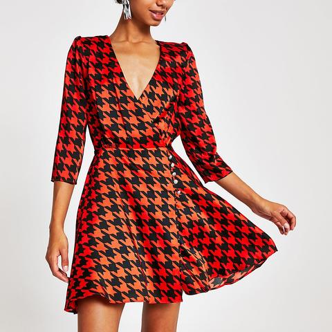 RED/BLACK DOGTOOTH SATIN DRESS SIZE UK 12 - NOTHING TO WEAR | NEW & PRE-LOVED FASHION | UAE