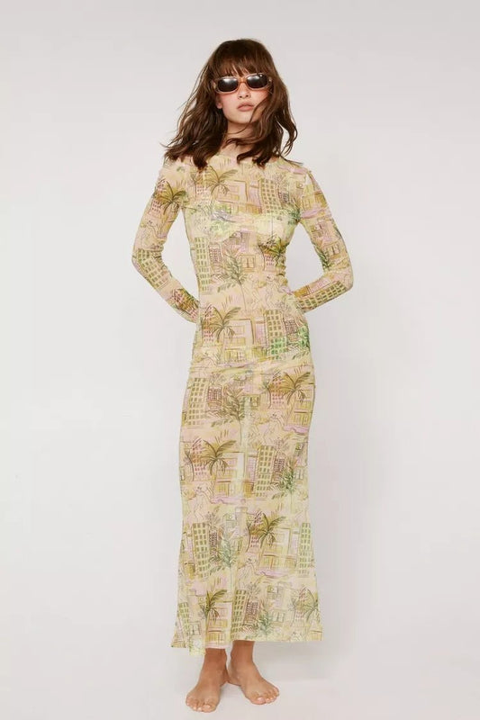 YELLOW LANDSCAPE MESH MAXI DRESS SIZE UK 6 - NOTHING TO WEAR | NEW & PRE-LOVED FASHION | UAE